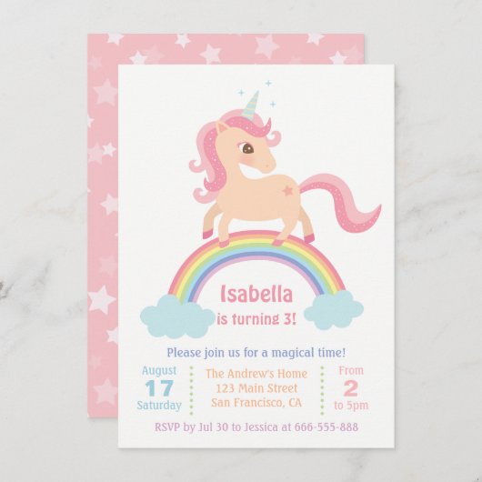 Magisches Einhorn auf Regenbogenmädchen Geburtstag Einladung (Vorne/Hinten)
