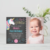 Magisches Einhorn Chalkboard Foto Geburtstag Einla Einladung (Stehend Vorderseite)