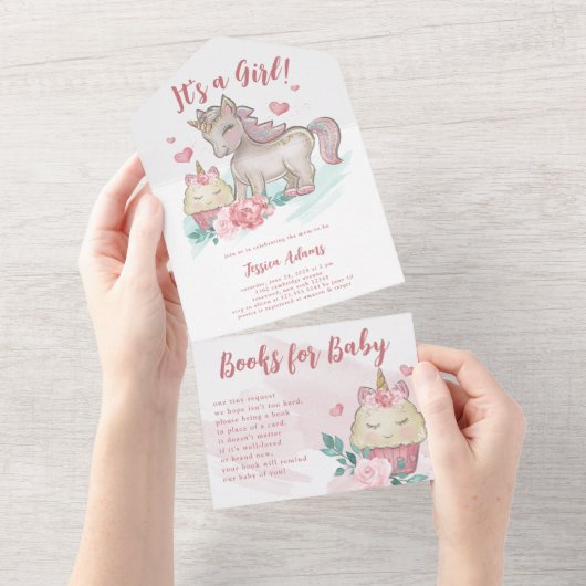 Magisches Einhorn Es ist eine Mädchen-Babydusche All In One Einladung (Abreißen)