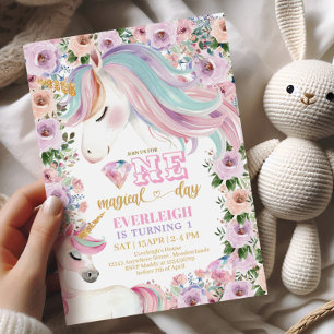 Magisches Einhorn Lila Blume 1. Geburtstag Einladung