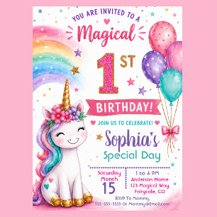 Magisches Einhorn-Mädchen 1. Geburtstag Einladung