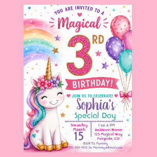 Magisches Einhorn-Mädchen 3. Geburtstag Einladung