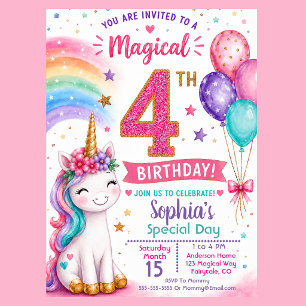 Magisches Einhorn-Mädchen 4. Geburtstag Einladung