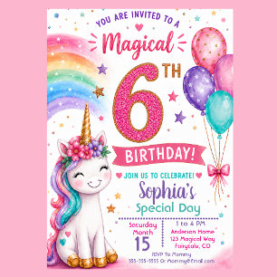 Magisches Einhorn-Mädchen 6. Geburtstag Einladung