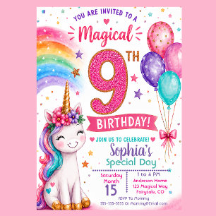 Magisches Einhorn-Mädchen 9. Geburtstag Einladung
