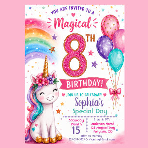 Magisches Einhorn-Mädchen zum 8. Geburtstag Einladung