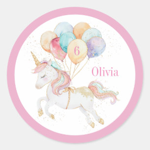 Magisches Einhorn mit Regenbogenballons Name & Alt Runder Aufkleber
