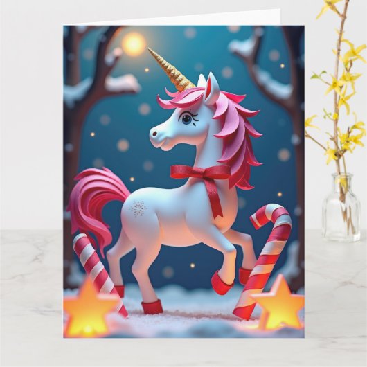 Magisches Einhorn mit Ribbon in Snowy Christmas Karte (Gelbe Blume)