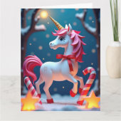 Magisches Einhorn mit Ribbon in Snowy Christmas Karte (Vorderseite)