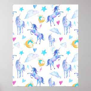 Magisches Einhorn-Muster-Wasserfarben-Fantasy-Desi Poster