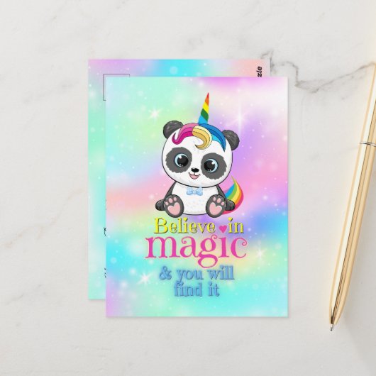 Magisches Einhorn-Panda auf Regenbogenuntergrund Postkarte (Vorderseite/Rückseite Beispiel)