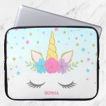 Magisches Einhorn Personalisiertes Notebook Laptopschutzhülle<br><div class="desc">Sweet Einhorn Gesicht angepasste Laptop-Ärmel. Das Design zeichnet sich durch rosa,  lila,  aquamarine Sterne und Blume aus,  mit einer Touch von Imitate Glitzer.</div>