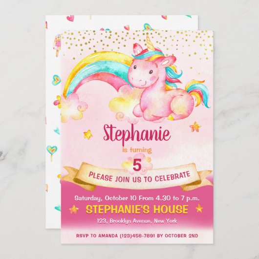 Magisches Einhorn & Regenbogen Geburtstag Einladung (Vorne/Hinten)