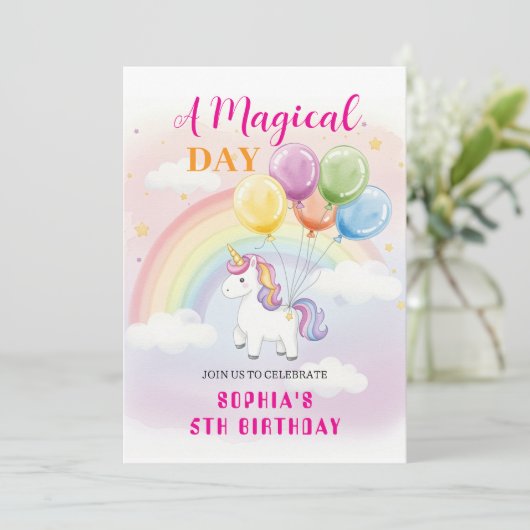 Magisches Einhorn & Regenbogen Geburtstag Einladung (Stehend Vorderseite)