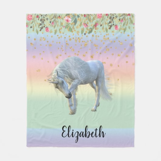 Magisches Einhorn Regenbogen Gold Floral Fleecedecke (Vorderseite)