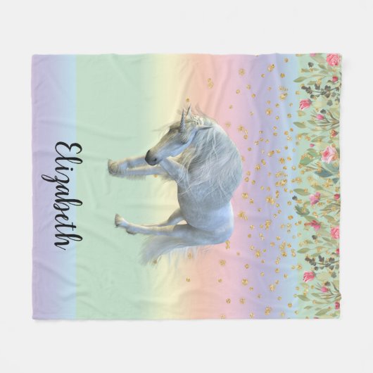 Magisches Einhorn Regenbogen Gold Floral Fleecedecke (Vorderseite (Horizontal))