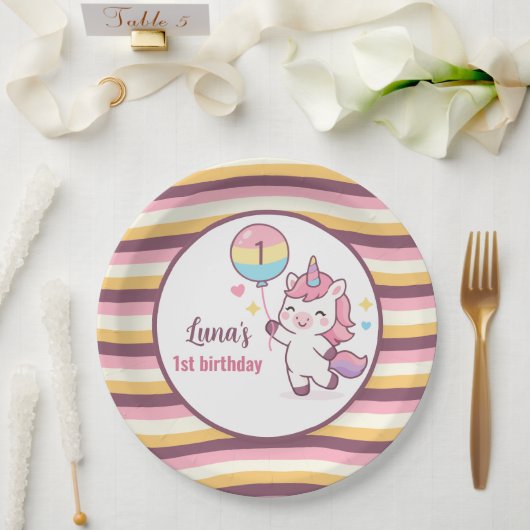 Magisches Einhorn & Regenbogen Mädchen 1. Geburtst Pappteller (Hochzeit)