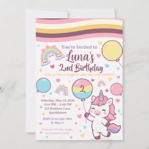 Magisches Einhorn & Regenbogen Mädchen 2. Geburtst Einladung