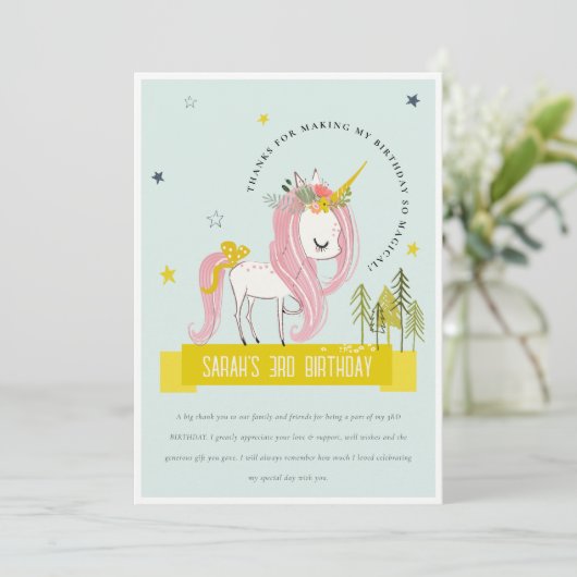 Magisches Einhorn Rosa Gelbe Kinder Foto Geburtsta Dankeskarte (Stehend Vorderseite)