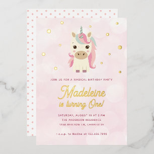 Magisches Einhorn Rosa Gold Punkte 1. Geburtstag Folieneinladung
