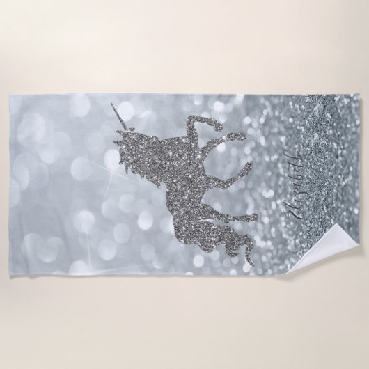 Magisches Einhorn, Silberner Glitzer Bokeh-Persona Strandtuch (Vorderseite)