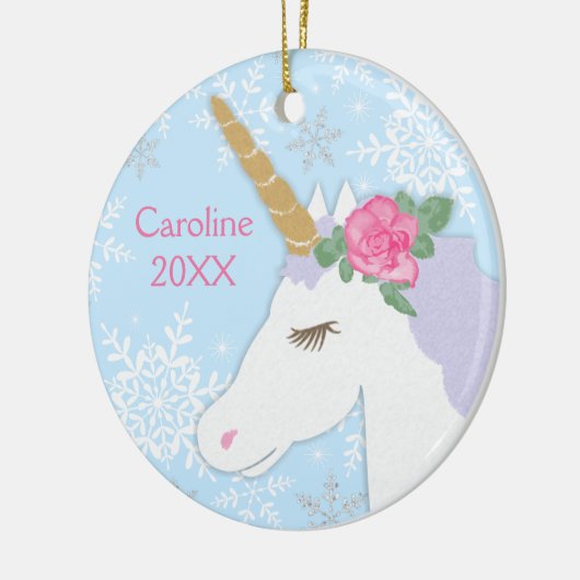 Magisches Einhorn Silberner Glitzer Schneeflocken Keramik Ornament (Links)