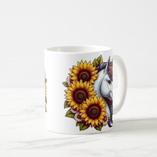 Magisches Einhorn und Sonnenblumen Kaffeetasse (VorderseiteRechts)
