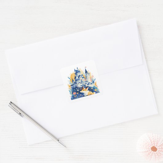 Magisches Fantasy-Schloss und fröhlicher Fox Quadratischer Aufkleber (Umschlag)