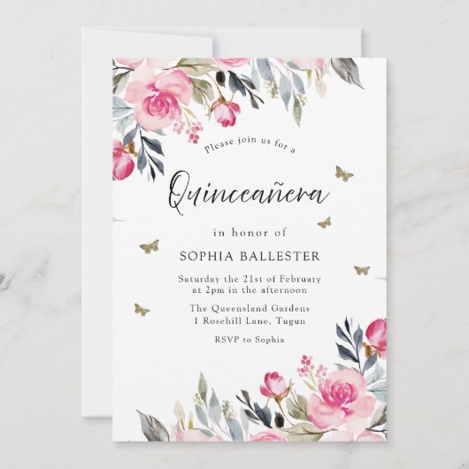 Magisches Gold Dress Blush Pink Floral Quinceanera Einladung (Rückseite)