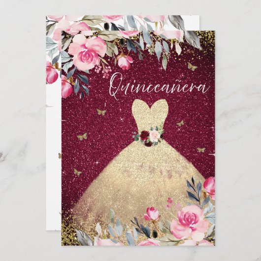 Magisches Gold Dress Blush Pink Floral Quinceanera Einladung (Vorne/Hinten)
