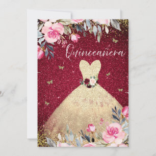 Magisches Gold Dress Blush Pink Floral Quinceanera Einladung