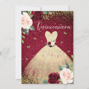 Magisches Gold Dress Burgundy Red Floral Quinceane Einladung