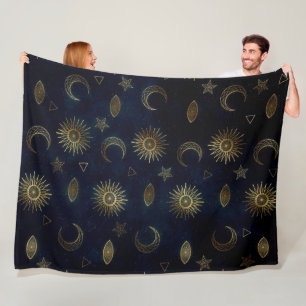 Magisches Gold Moon Sun Sterne Dunkelblaues Muster Fleecedecke