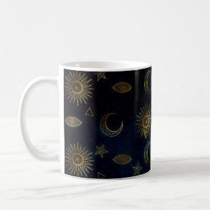 Magisches Gold Moon Sun Sterne Dunkelblaues Muster Kaffeetasse