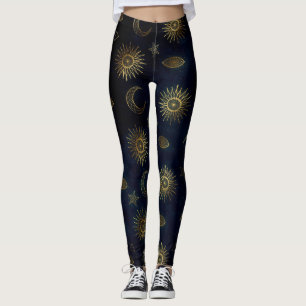 Magisches Gold Moon Sun Sterne Dunkelblaues Muster Leggings