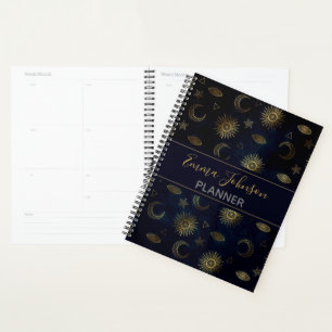 Magisches Gold Moon Sun Sterne Dunkelblaues Muster Planer
