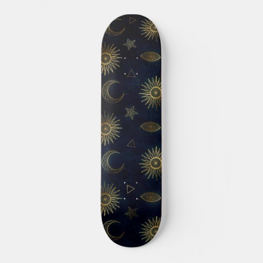 Magisches Gold Moon Sun Sterne Dunkelblaues Muster Skateboard (Vorderseite)