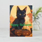Magisches Halloween Black Kat & Pumpkins Feiertagskarte (Stehend Vorderseite)