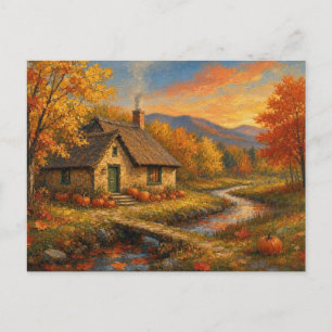 Magisches Herbst-Haus-Landschaft-Wald-See-Szene Postkarte