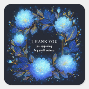 Magisches Leuchtendes Blaues Florales Gold Glitzer Quadratischer Aufkleber