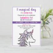 Magisches Lila Einhorn 1. Geburtstag Party Einladung (Stehend Vorderseite)