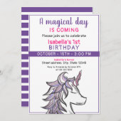 Magisches Lila Einhorn 1. Geburtstag Party Einladung (Vorne/Hinten)