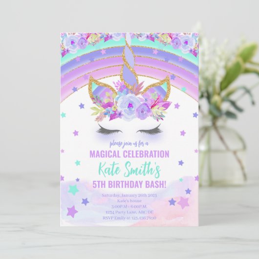 Magisches Lila Einhorn Geburtstag Einladung (Stehend Vorderseite)