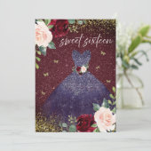 Magisches Marinekleid Burgundy Red Floral Sweet 16 Einladung (Stehend Vorderseite)