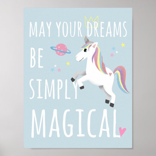 Magisches Niedliches Einhorn Kinder Whimsical Blue Poster (Vorne)