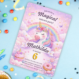 Magisches Pastell-Regenbogen-Einhorn-Mädchen-Party Einladung