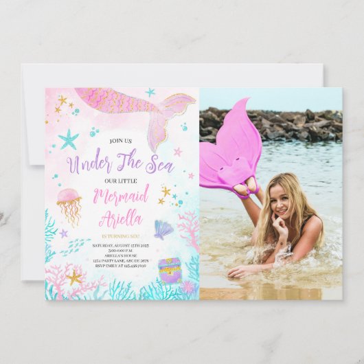 Magisches Pink Mermaid Birthday Foto Einladung (Vorderseite)