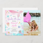 Magisches Pink Mermaid Birthday Foto Einladung (Vorne/Hinten)