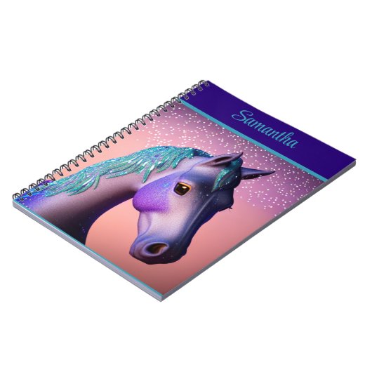 Magisches Pony in Lila und Aquamarin mit Individue Notizblock (Linke Seite)