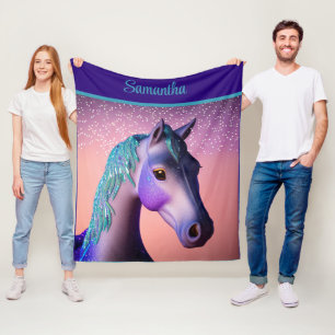 Magisches Pony in Lila und Türkis mit individuelle Fleecedecke